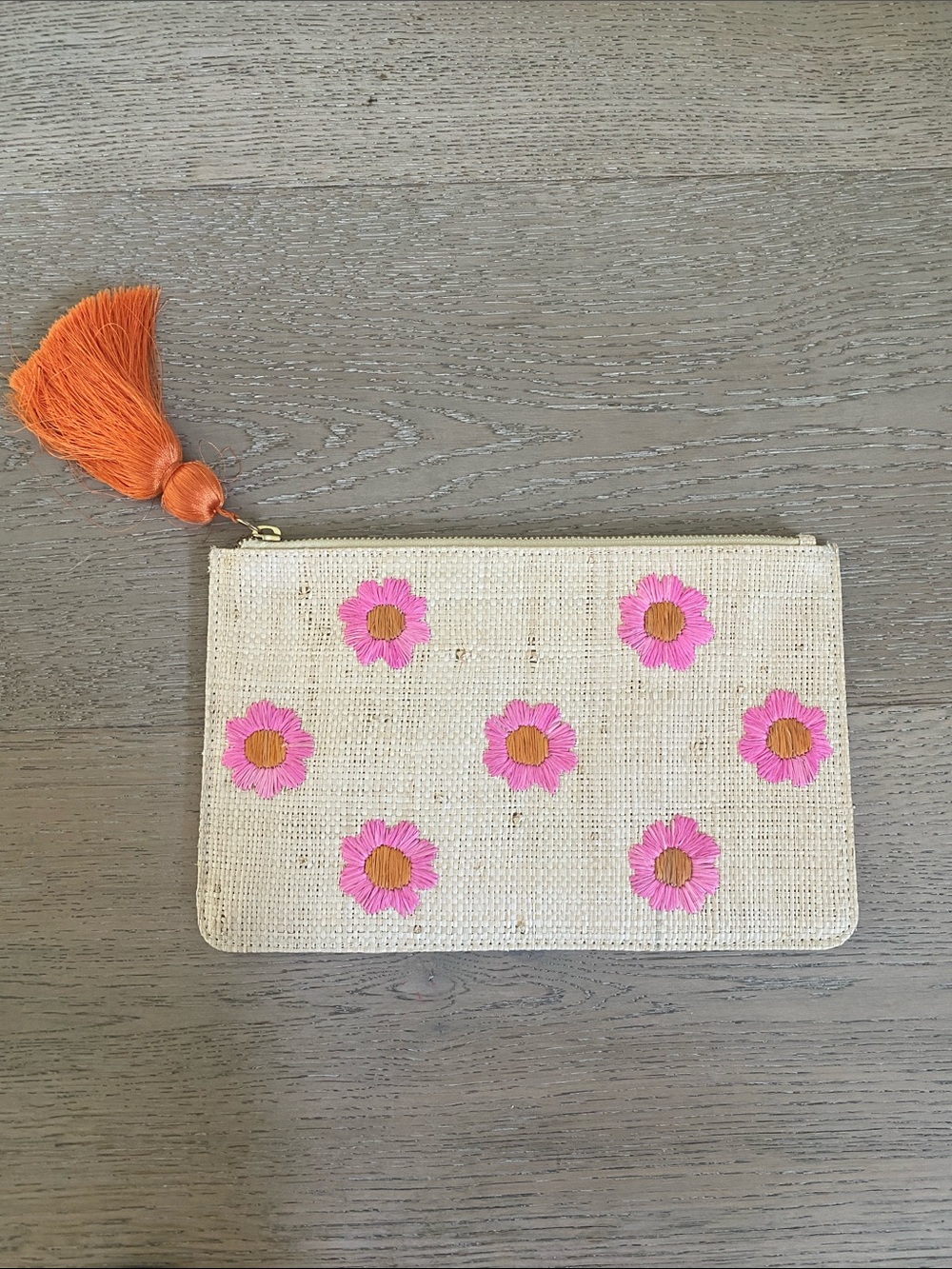 Mark & Graham Embroidered Daisy Straw Zip Pouch with Orange Tassel